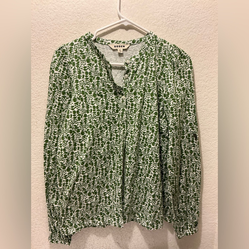 Boden Green Marina Jersey 100% Cotton Shirt Green Leaf Print Blouse - Picture 2 of 8